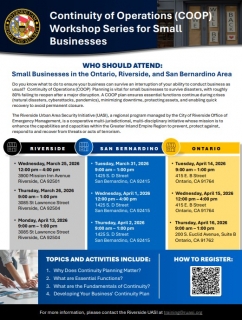 Flier with information pertaining to the Continuity of Operations (COOP) Workshop Series for Small Businesses